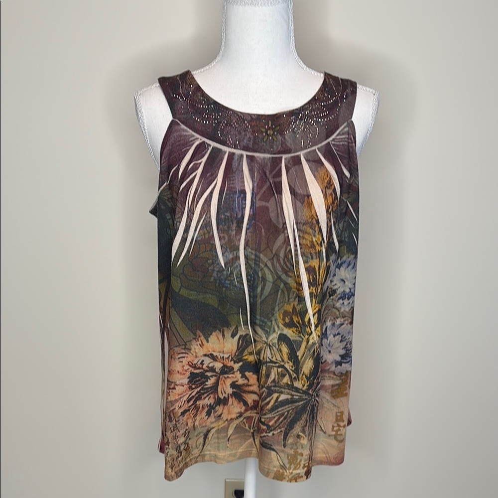 New Directions Asymmetrical Crystal Embellished Brown Tan Sleeveless Tank Top